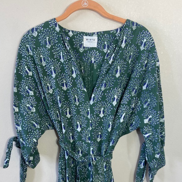 Mirth Dresses & Skirts - Mirth Handmade Cotton Peacock Print Midi Dress Tie Sleeve Belted Large Boho